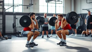 Athletic college football players performing heavy barbell squats in a modern strength training facility with professional coaching staff observing form and technique, photorealistic gym setting with natural lighting