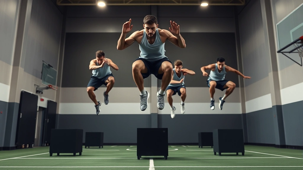 Elite male athletes performing explosive plyometric training including box jumps and vertical leap exercises on a professional training court, dynamic athletic movement captured mid-jump with intense focus