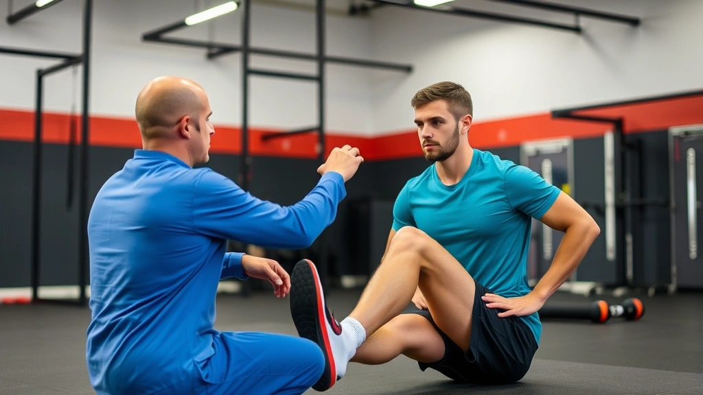 Sports medicine professional conducting movement screening and mobility assessment on a young male athlete in a state-of-the-art training facility, examining hip and ankle flexibility with specialized assessment techniques