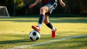 Young soccer player executing perfect first touch with soccer ball, demonstrating proper foot positioning and body control in outdoor field training environment, afternoon sunlight