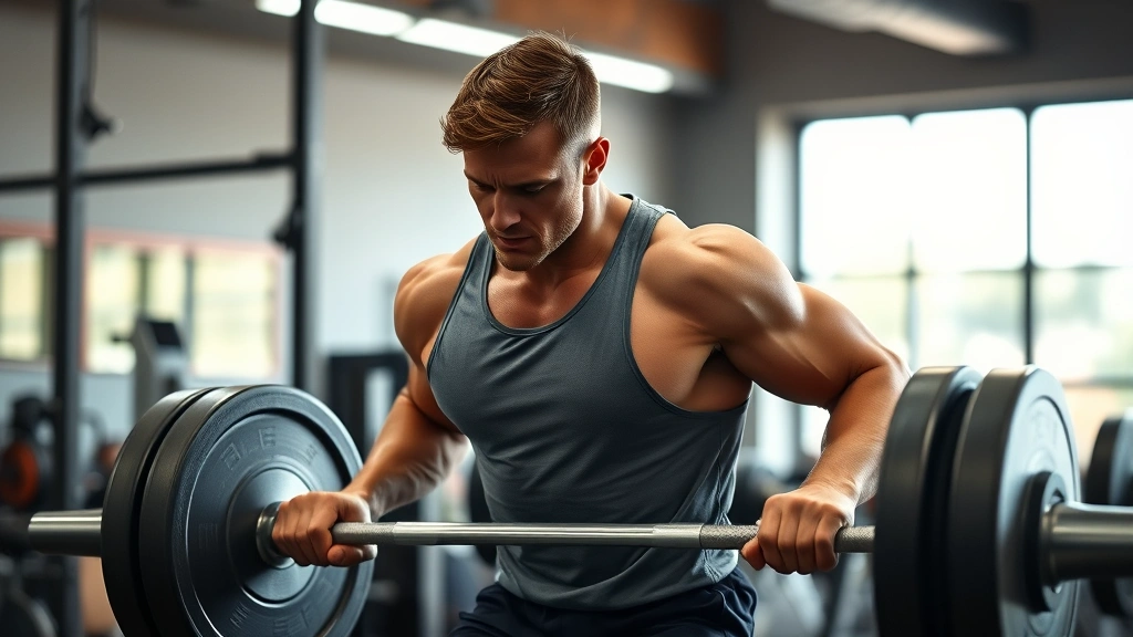 Athletic male college football player performing explosive power clean with heavy barbell in professional weight room, intense concentration, dynamic movement captured mid-lift