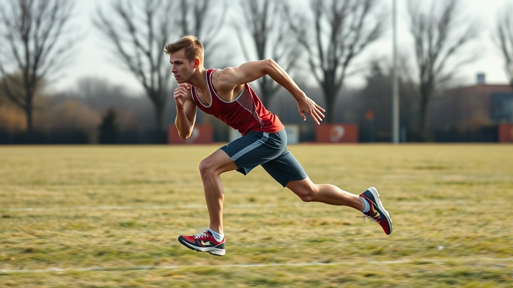 Young male athlete sprinting at maximum velocity on grass field during high-intensity interval training, muscular physique, full extension stride, dynamic athletic movement