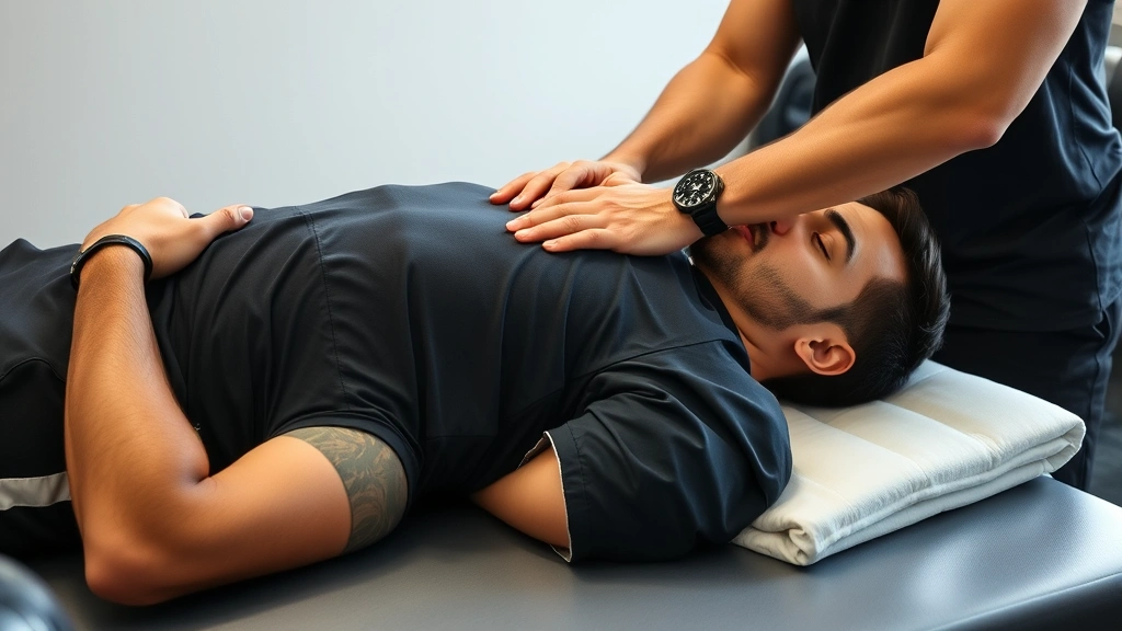 Professional football player in recovery session receiving sports massage therapy from certified trainer, focused on muscular development and post-workout regeneration