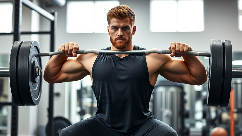 Athletic male college football player performing heavy barbell back squat in modern strength training facility with proper form, intense facial expression, professional lighting, gym equipment visible in background