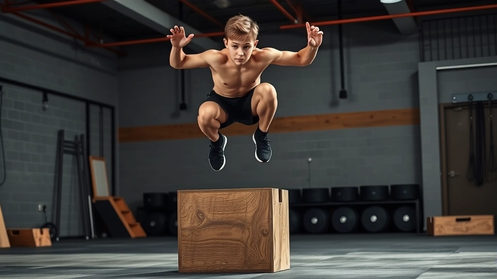 Young athlete executing explosive box jump in training facility, mid-air with perfect body positioning, muscular definition visible, focused determination on face, wooden plyo box, concrete floor