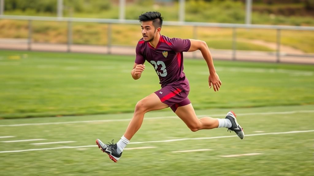 Football player sprinting at full speed on outdoor field with perfect running mechanics, legs driving forward explosively, muscular athletic build, bright natural lighting, determination visible in facial expression