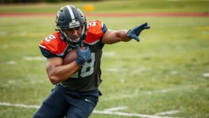 Athletic male football player executing explosive defensive tackle during intense practice session on grass field, wearing practice jersey and helmet, dynamic motion captured