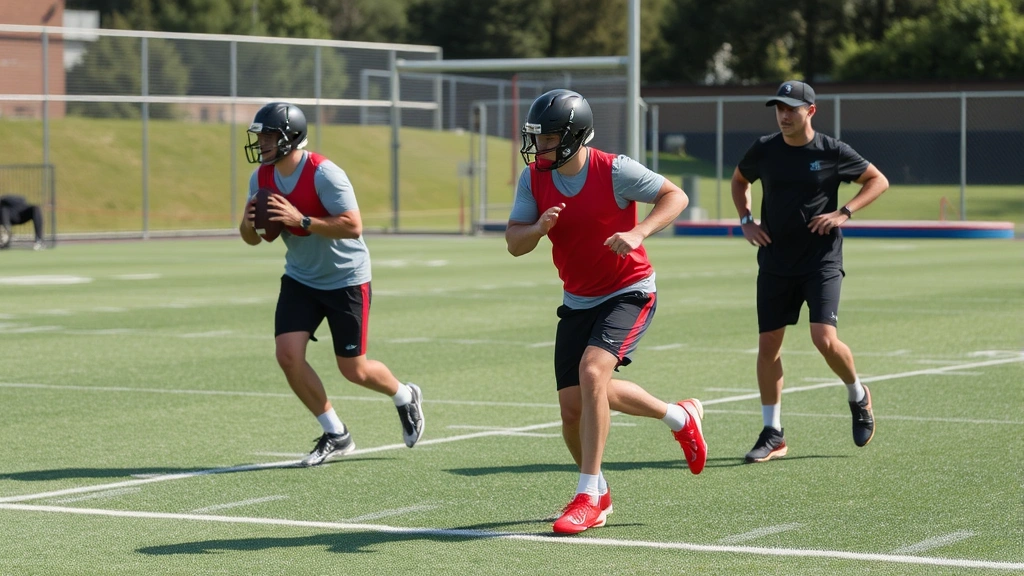 Football athletes executing conditioning exercises on outdoor field during practice, showing physical intensity and professional training methodology in sports preparation