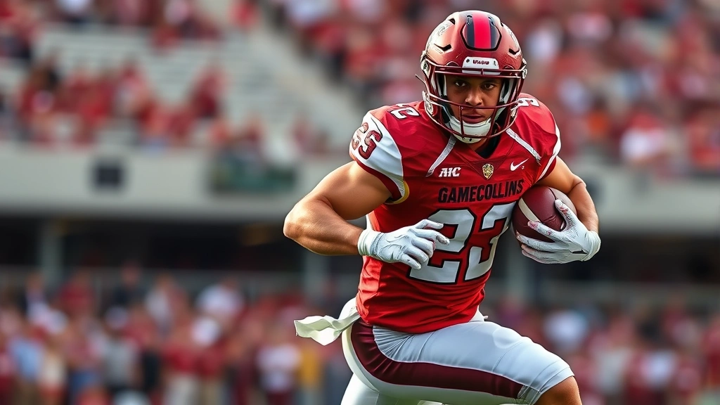 Athletic male football player in Gamecocks uniform executing explosive running back cut, showing muscular definition and dynamic movement, stadium background blurred, professional sports photography