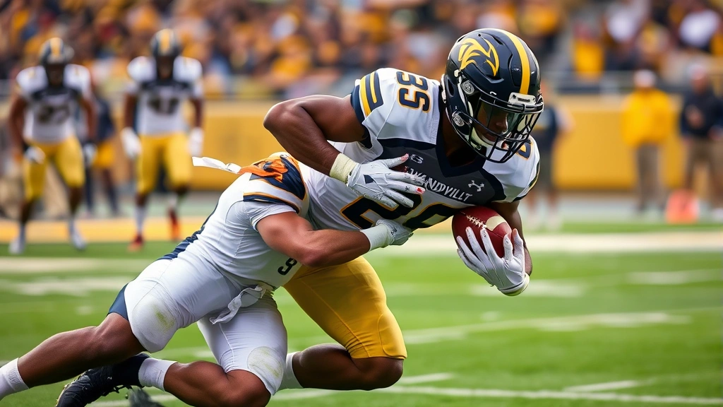 Defensive football player in Vanderbilt uniform executing tackle technique on opposing ball carrier, demonstrating proper form and intensity, action-shot professional quality