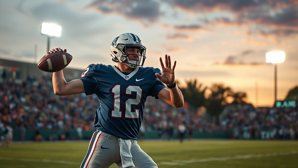High school quarterback throwing football during evening game under bright stadium lights, focused expression, perfect form, grass field visible below, crowd blurred in background, photorealistic