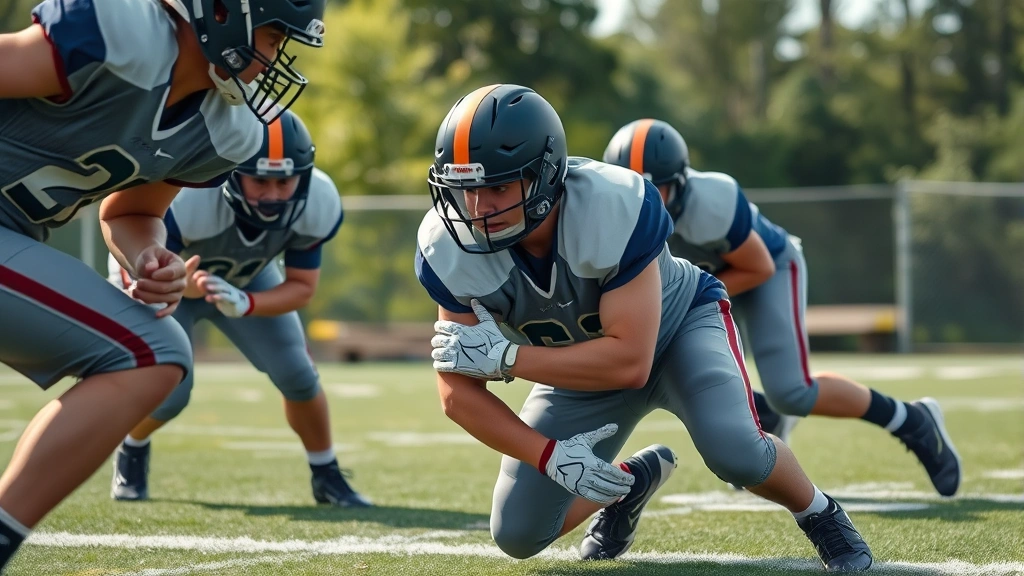 Young football players executing defensive tackle drill, low angle dynamic motion, proper tackling technique demonstrated, practice field setting, focused intensity on faces, natural lighting photorealistic