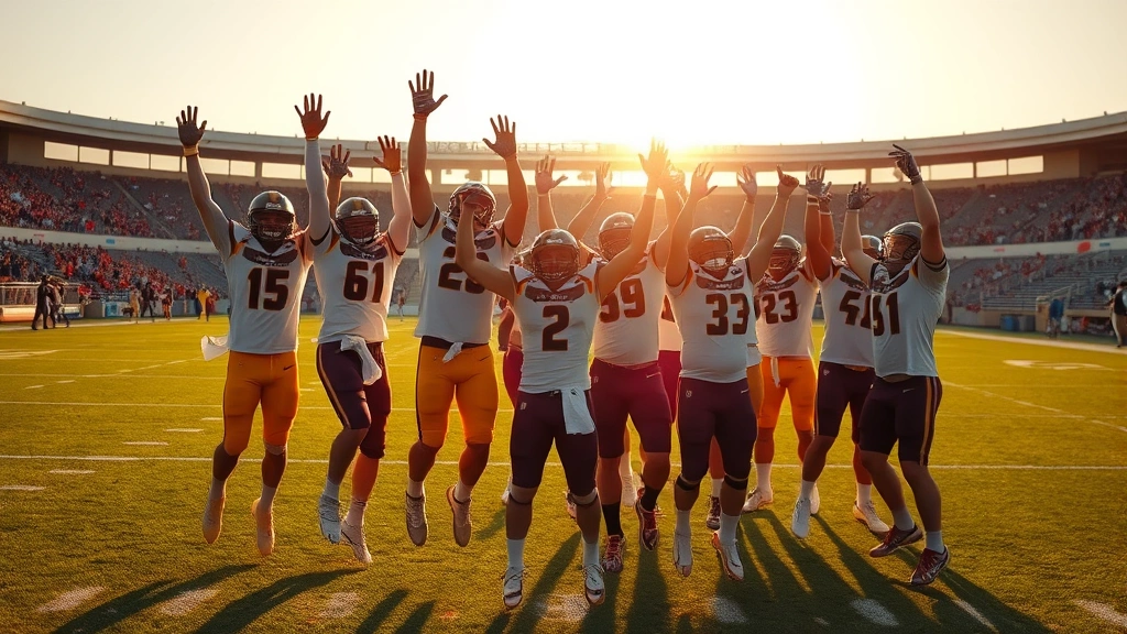 High school football team celebrating on field after victory, players jumping with arms raised, stadium background, golden hour lighting, genuine emotion and celebration, photorealistic sports photography