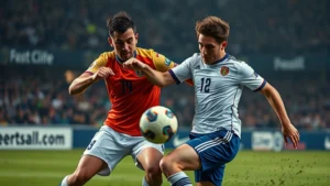 Professional male football players in intense physical battle for possession during international match, both wearing national team jerseys, muddy pitch, dramatic action shot, photorealistic, dynamic movement