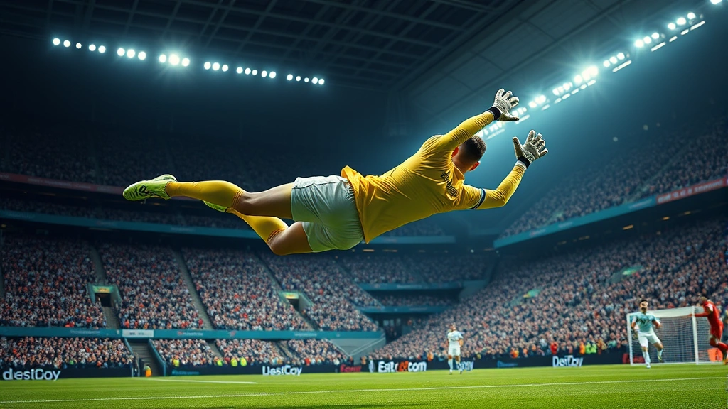 Goalkeeper making acrobatic diving save during international football match, stretching horizontally through air, packed stadium background, photorealistic sports photography, high-speed action