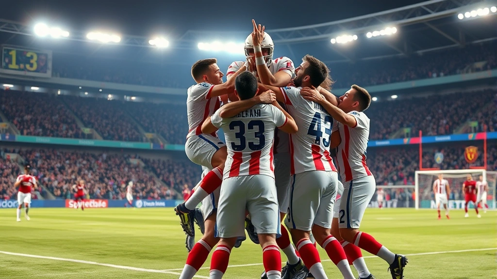 Football team celebration after scoring goal, multiple players jumping and embracing in emotional moment, stadium lights and crowd visible, photorealistic sports action, victorious atmosphere