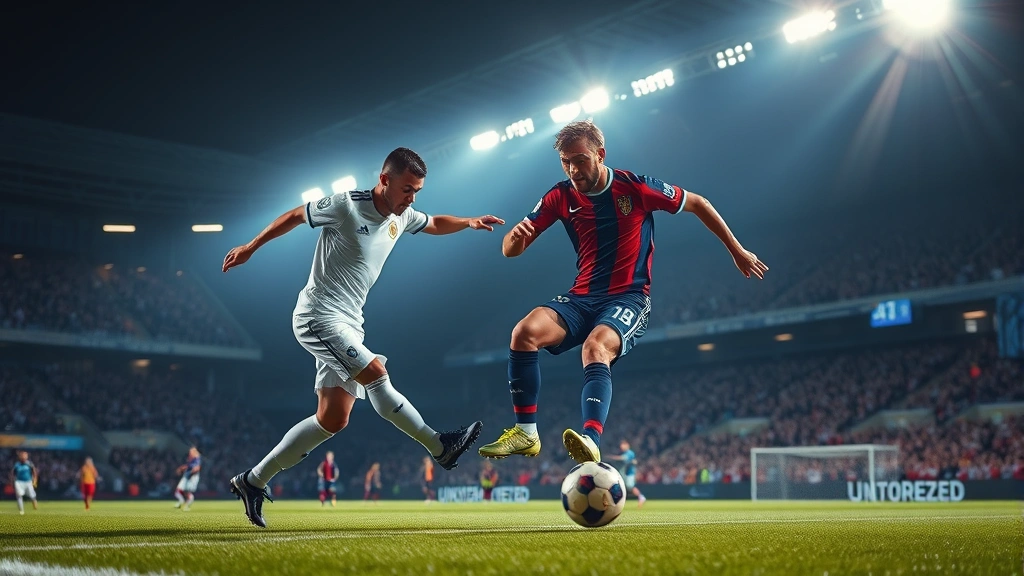 Two professional football players competing intensely for midfield control during international match, realistic stadium lighting, dynamic action capture