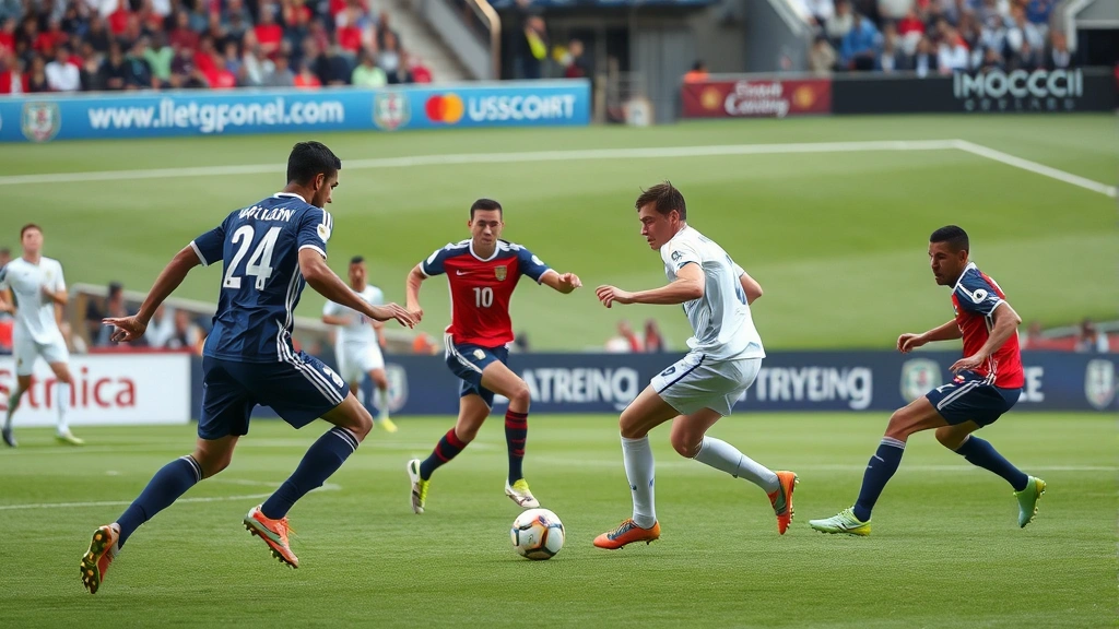 Professional football players executing tactical positioning in midfield during competitive international match, detailed player movements, authentic match atmosphere