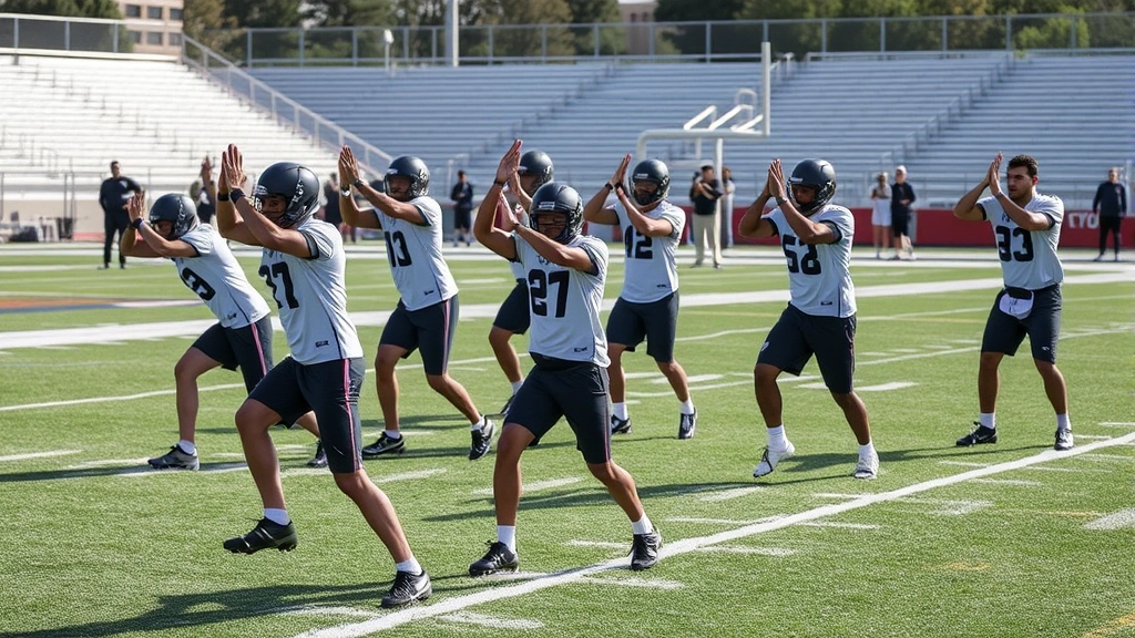 Football team performing dynamic group stretching and mobility work on sideline before practice, demonstrating flexibility and warm-up preparation