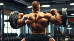 Muscular athlete performing heavy barbell back squat with explosive power, intense focus, sweat visible, professional gym setting with proper lighting, photorealistic and motivational