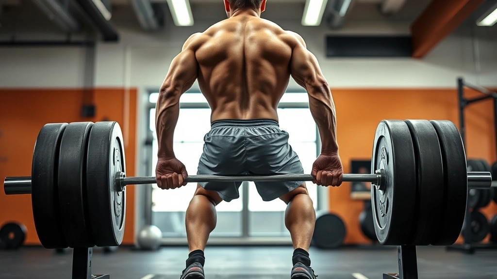 Athlete executing perfect deadlift form with heavy weight, demonstrating posterior chain strength and explosive power generation, dynamic movement captured mid-lift, professional gym environment