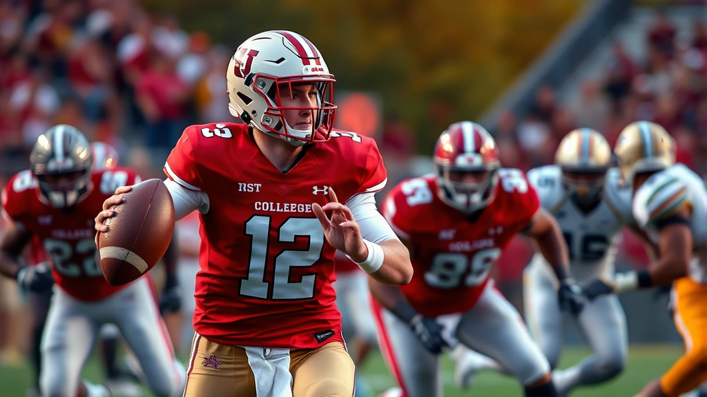 College football quarterback in red jersey executing handoff to running back during game action, intense focus, autumn stadium lighting, competitive football moment