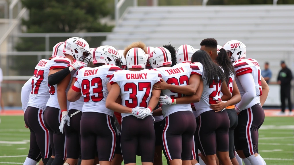 Football team huddled together showing unity and bonding, diverse athletes in SUNY Cortland gear, motivational team moment, strength and camaraderie visible