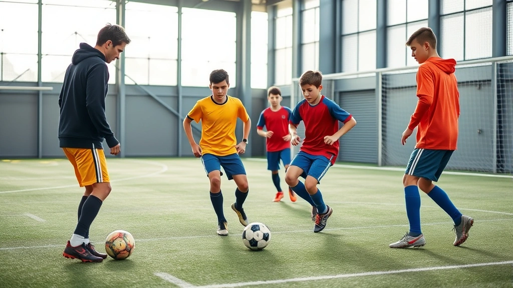 Young football players training at modern academy facility with professional coaching staff, development-focused training session, technical skill work, competitive youth environment