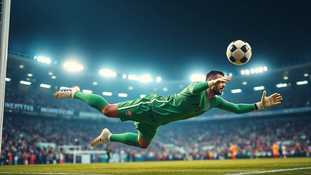 Professional soccer goalkeeper making diving save during international match, stadium lights illuminating dramatic action, goalkeeper fully extended horizontally toward ball, crowd blurred in background
