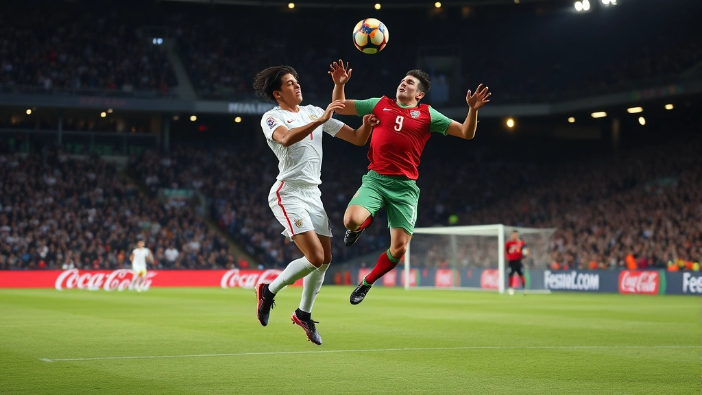 Two international football players competing for aerial ball in midfield, both players jumping with determination, ball suspended above their heads, stadium atmosphere visible with crowd and floodlights