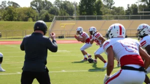 College football defensive players executing gap control drills on practice field, coach demonstrating proper alignment techniques, athletes in focused stance positions, morning sunlight on natural grass field