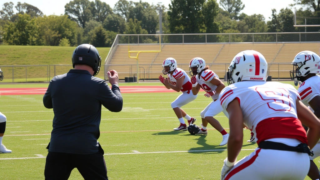 College football defensive players executing gap control drills on practice field, coach demonstrating proper alignment techniques, athletes in focused stance positions, morning sunlight on natural grass field