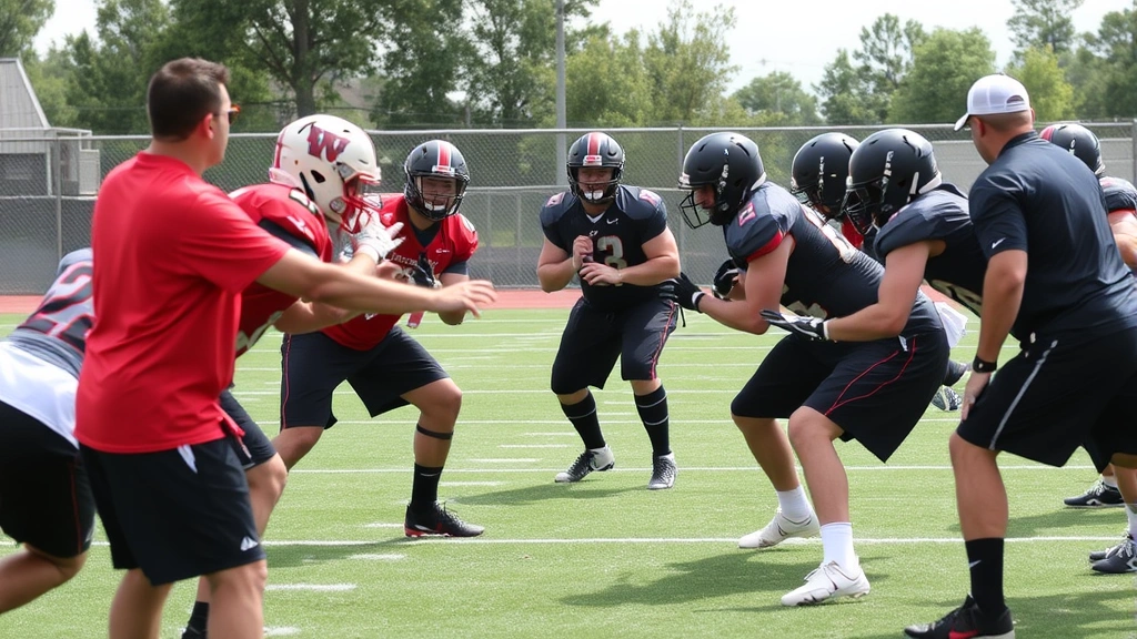 Offensive line training session showing footwork and hand placement techniques, players in blocking drills against defensive opponents, coach providing instruction on pad level, athletic intensity and concentration
