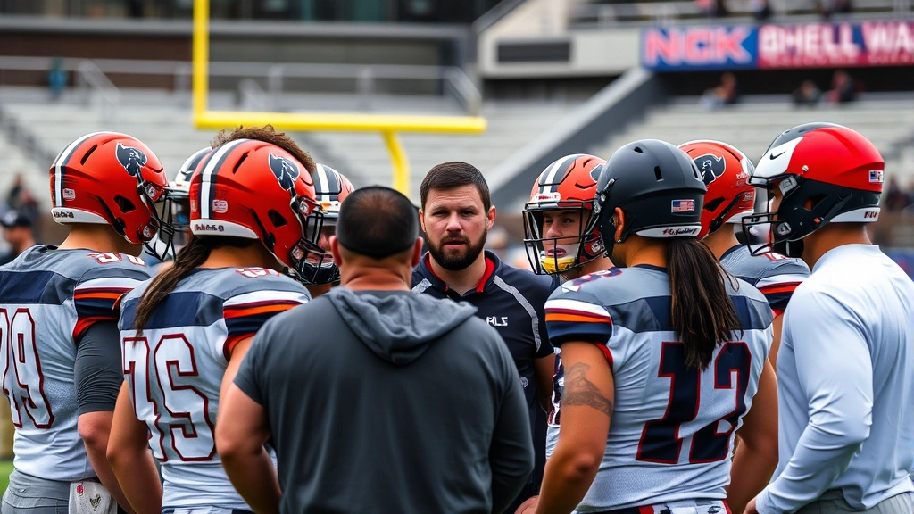 Team huddle moment with players and coaches discussing strategy, diverse athletes listening intently, focused expressions, stadium or practice facility background, professional collegiate football environment