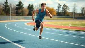 Athletic person performing high-intensity interval training sprints on outdoor track, maximum effort expression, dynamic motion blur, professional sports photography style
