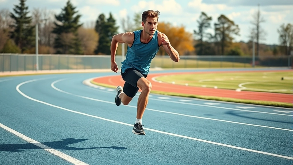 Athletic person performing high-intensity interval training sprints on outdoor track, maximum effort expression, dynamic motion blur, professional sports photography style