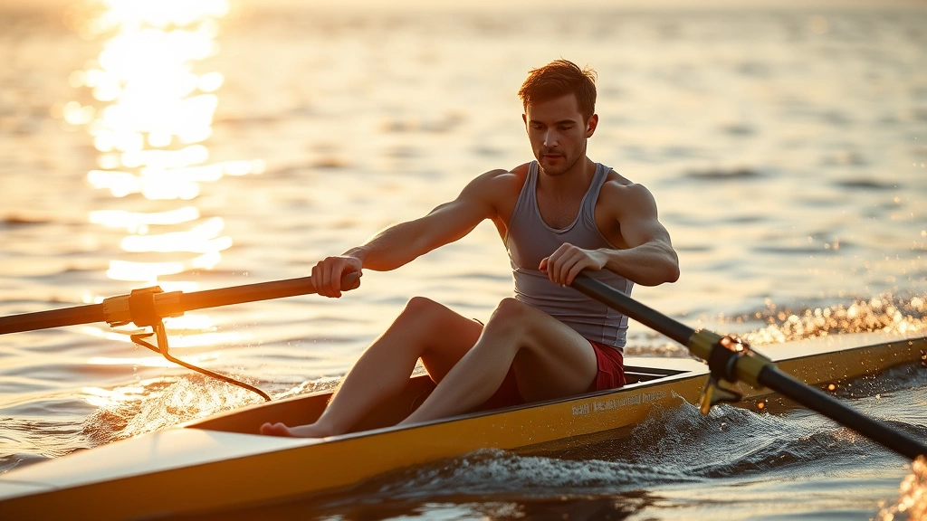 Fit individual rowing on water in competitive rowing shell, muscular engagement visible, water splashing, golden hour lighting, athletic precision and power