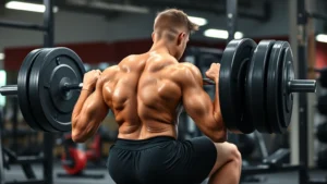 Athletic male college football player performing heavy barbell back squat in professional gym with proper form, deep depth, neutral spine, intense concentration, professional lighting, realistic musculature