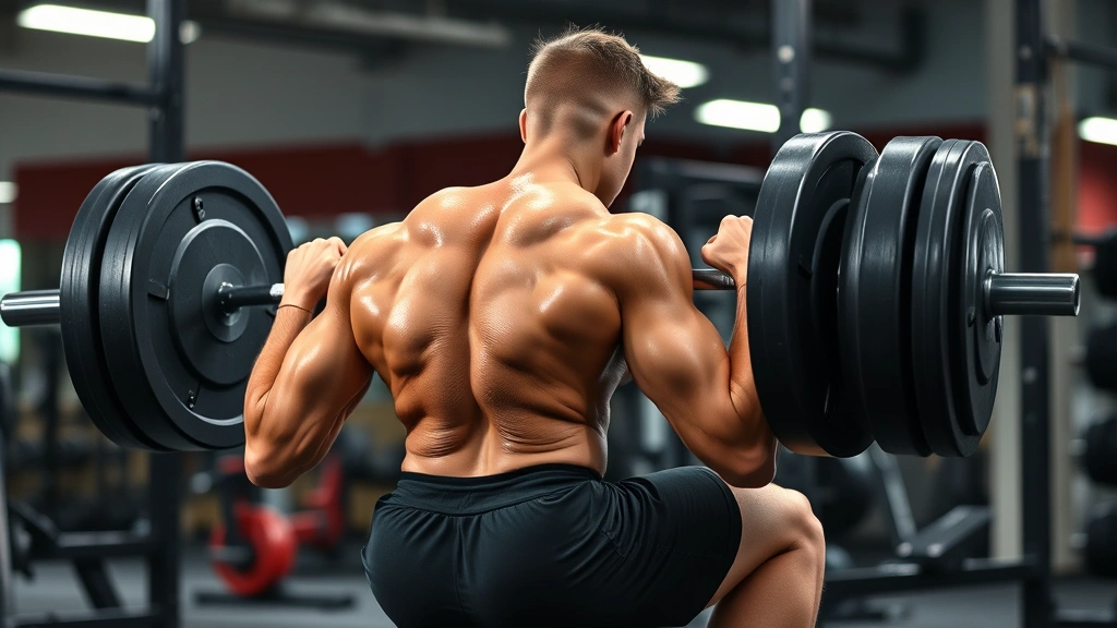 Athletic male college football player performing heavy barbell back squat in professional gym with proper form, deep depth, neutral spine, intense concentration, professional lighting, realistic musculature