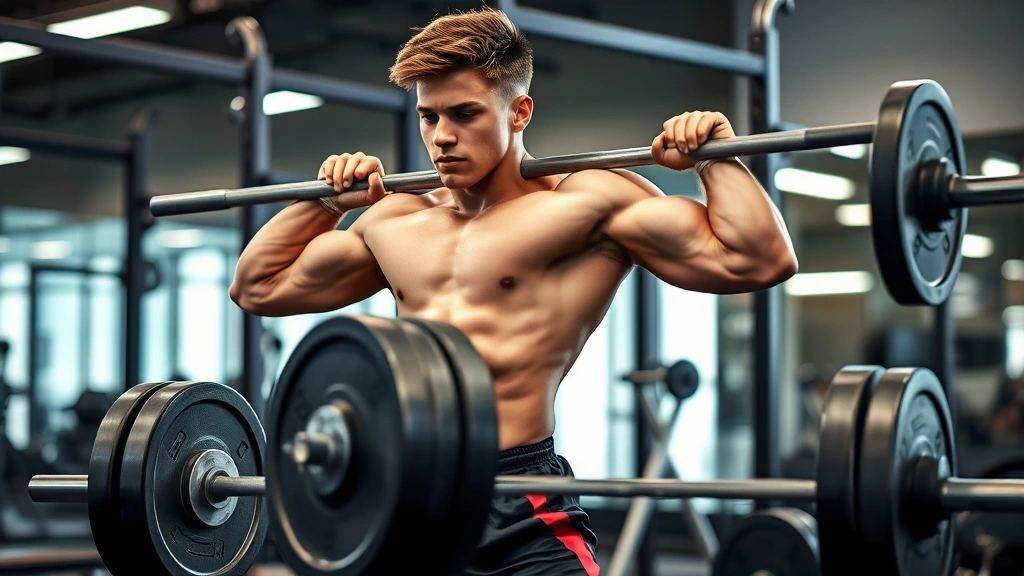 Young athlete executing explosive power clean exercise with barbell, mid-pull position showing triple extension, powerful hip drive, athletic gym setting, dynamic movement capture, professional photography