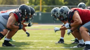 Elite college football defensive linemen in three-point stance demonstrating explosive lower body positioning and pad level during defensive line drill, natural outdoor practice field lighting, muscular athletes focused on technique