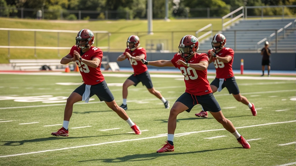 College football players performing dynamic stretching and mobility exercises on field before practice, demonstrating injury prevention protocols with proper form and flexibility movements, sunny athletic field environment