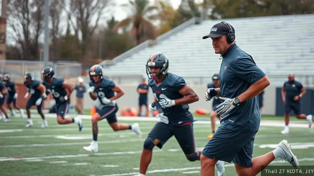 Professional strength and conditioning coach monitoring college football athletes during high-intensity interval training sprint work, with players demonstrating maximum effort explosive acceleration movements on field