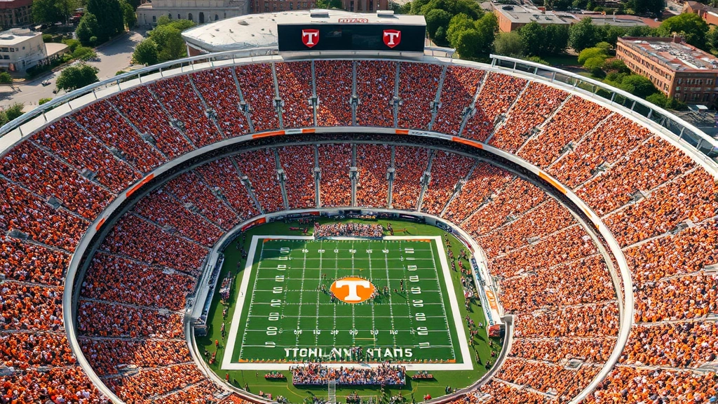 Aerial view of Neyland Stadium packed with Tennessee Volunteers fans wearing orange and white, stadium filled with energy during daytime game, vibrant crowd atmosphere