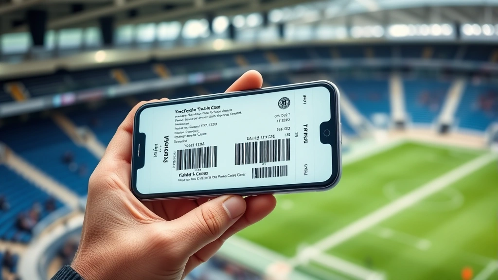 Close-up of hands holding mobile phone displaying digital football tickets on screen with barcode, stadium seating visible in background, modern ticketing technology