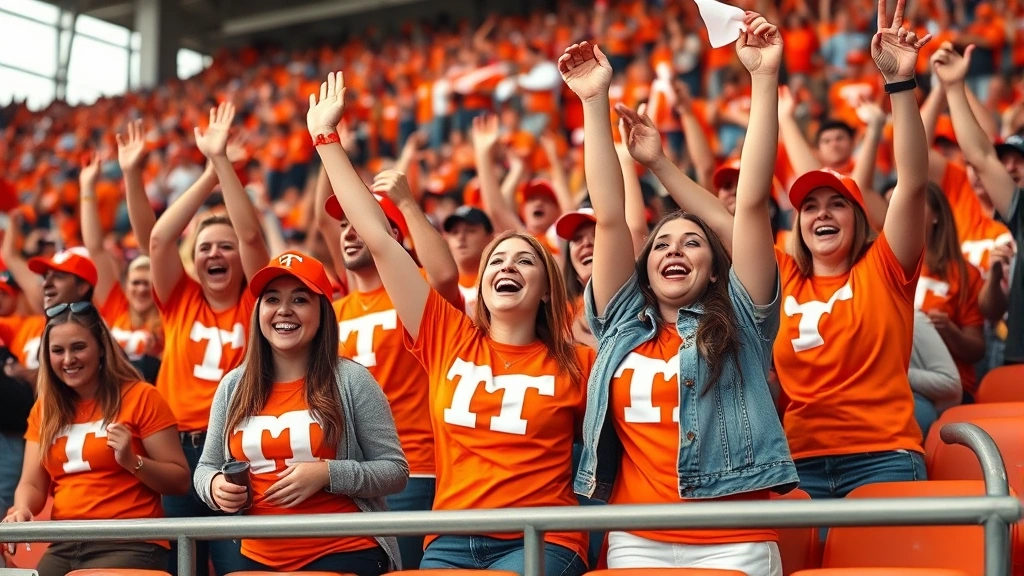 Group of enthusiastic Tennessee fans in orange apparel celebrating in stadium stands during exciting moment, genuine emotion and joy, natural stadium lighting