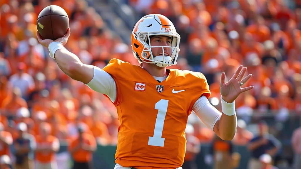 Professional college football quarterback mid-throw during daytime game, wearing Tennessee orange jersey, arm extended in perfect throwing motion, stadium crowd blurred in background, realistic sports photography