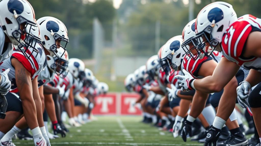 Defensive line of college football players in stance position at line of scrimmage, intense focus on face, proper alignment and gap control, game-day lighting, athletic intensity captured