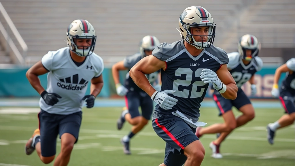 College football players performing high-intensity conditioning drill on field, sprinting and explosive movement, sweat visible, professional athletic training environment, outdoor stadium setting