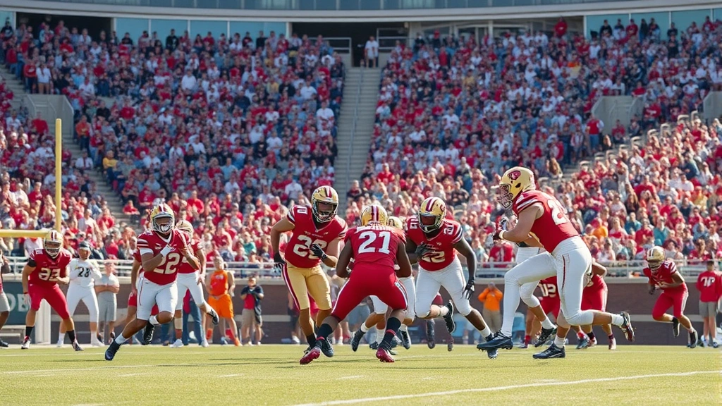 High school football players executing offensive play during competitive game with large crowd visible in stadium background, photorealistic, daytime setting